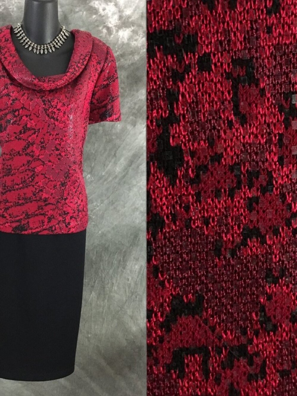 BEAUTIFUL st john evening knit red black embellished top skirt suit L 16